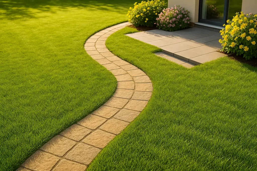 Jardin avec allée en pierre et terrasse moderne