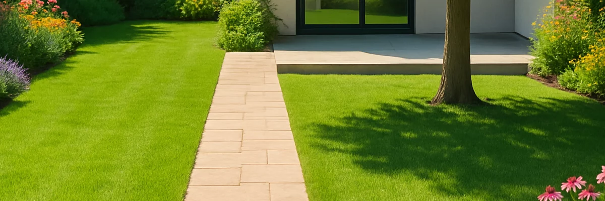 Allée dans l'herbe tondue menant a une terrasse moderne